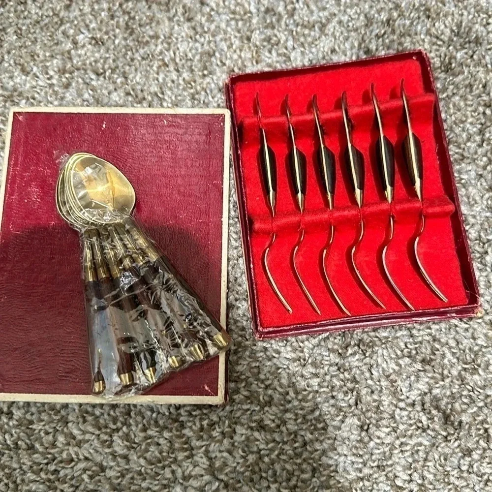 Vintage Mid-Century Thailand Bronze and Rosewood Dessert Set